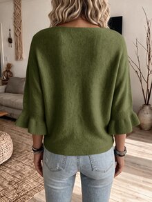 Elouméa Vintage American Style Mature Woman Aesthetic Slimming Elastic Soft Knit Sweater - Olive Green - View 2