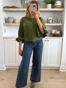 Elouméa Vintage American Style Mature Woman Aesthetic Slimming Elastic Soft Knit Sweater - Olive Green - View 5