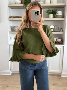 Elouméa Vintage American Style Mature Woman Aesthetic Slimming Elastic Soft Knit Sweater - Olive Green - View 6
