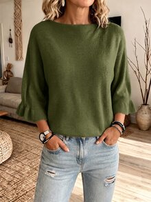 Elouméa Vintage American Style Mature Woman Aesthetic Slimming Elastic Soft Knit Sweater - Olive Green - View 4