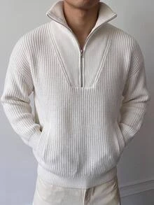 Mainfolk 男士秋冬半開襟拉鍊抽繩時尚針織圓領套頭毛衣休閒風萬聖節聖誕冬季派對秋季 - 白色 - 查看 3