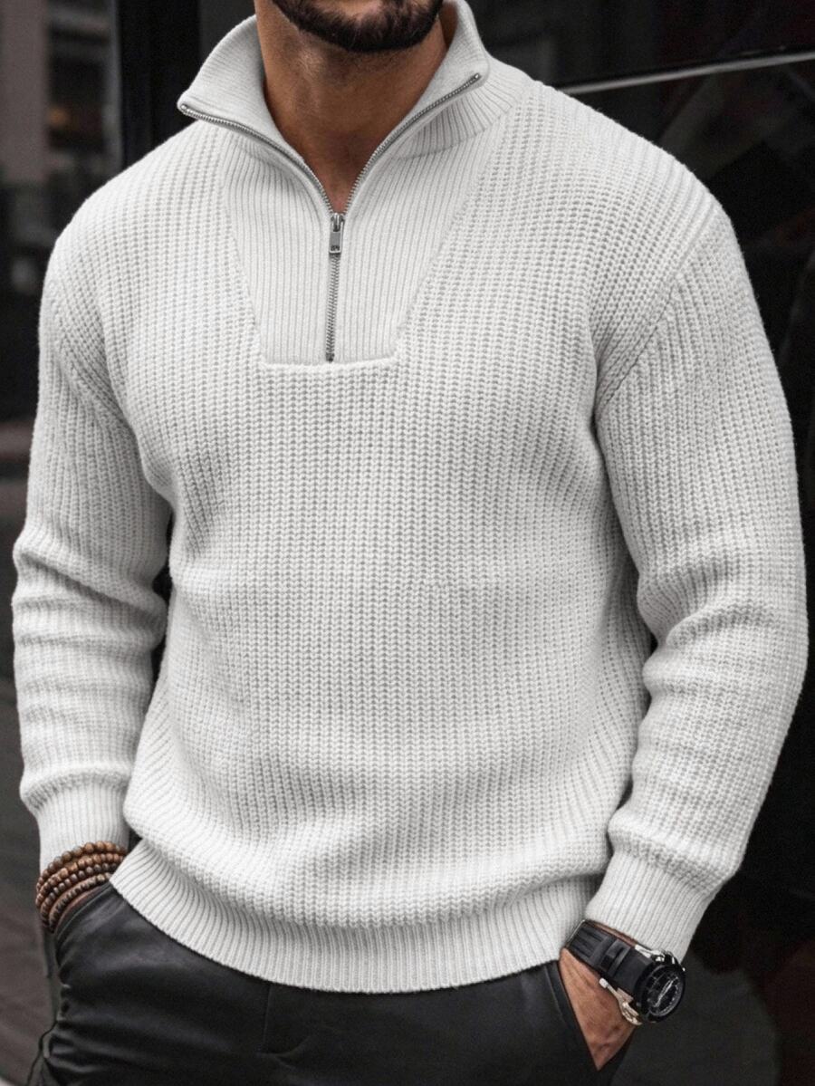 Mainfolk Men's Autumn/Winter Zipper Half-Open Chest Drawstring Fashion Knit Crew Neck Pullover Sweater Casual Style Halloween Christmas Winter Party Autumn - White - View 1