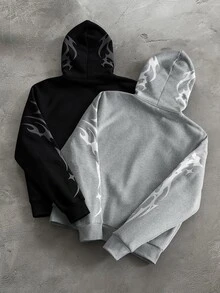 Major Grit Men's Gothic Print Long Sleeve Casual Hoodie Sweatshirt - Grey - View 2