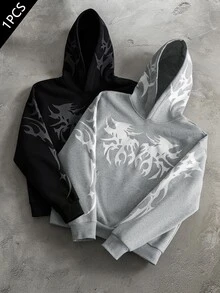 Major Grit Men's Gothic Print Long Sleeve Casual Hoodie Sweatshirt - Grey - View 3