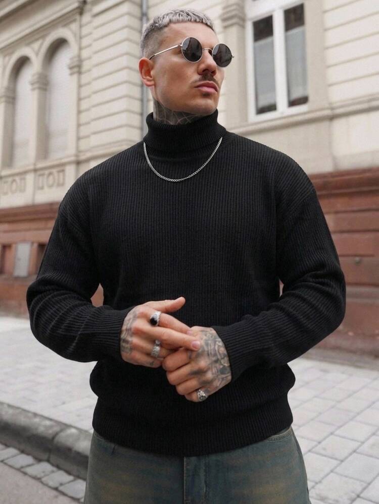 Mainfolk Men's Long Sleeve Solid Color Casual Crew Neck Sweater Halloween Christmas Winter Party,Winter,Halloween,Y2k,Autumn,Vintage,Streetwear,Casual - Black - View 9