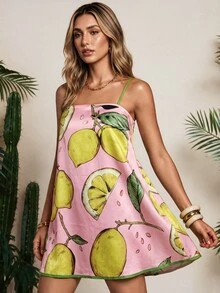 RIVANDRE Women's Casual Lemon Print Spaghetti Strap Mini Dress, Vacation Style - Multicolor - View 5