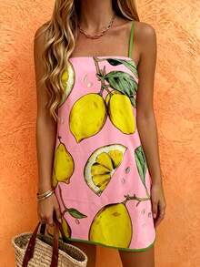 RIVANDRE Women's Casual Lemon Print Spaghetti Strap Mini Dress, Vacation Style - Multicolor - View 8