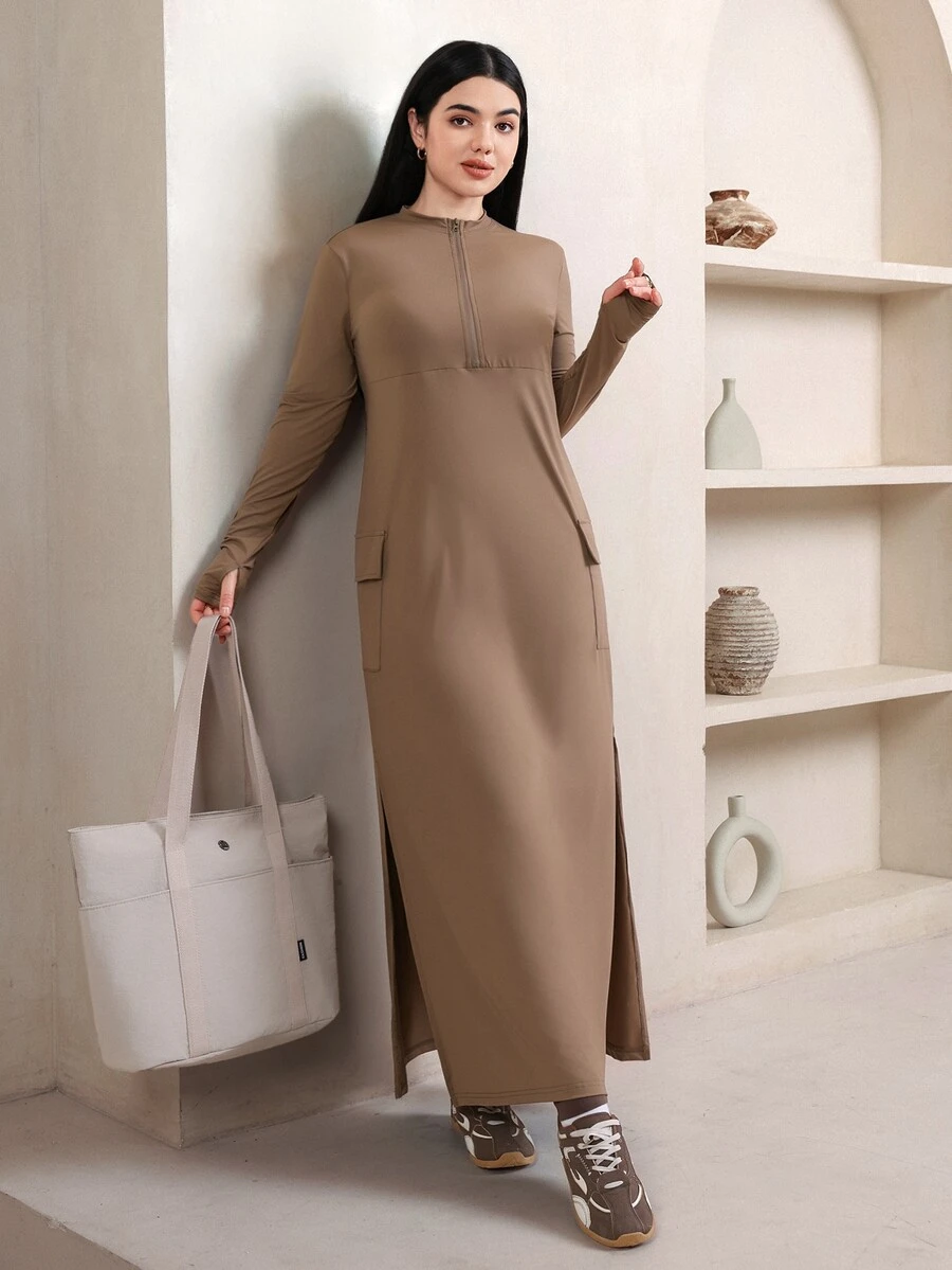 Veilorie تي شيرت رياضي نسائي بني بنصف سحاب وأكمام طويلة وطول ممتد للجيم والبيلاتس واليوغا والجري والتمارين الرياضية واللياقة البدنية - بني - مشاهدة 1
