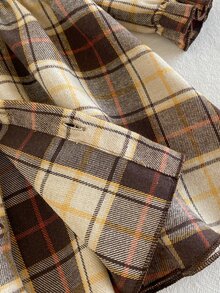 SHEIN Toddler Baby Girl Dress Cute Sweet Elegant Brown Yellow Cream Plaid Long Sleeve Round Neck Button Front Regular Fit Ruffle Flared Princess Cozy Girls - Brown - View 8