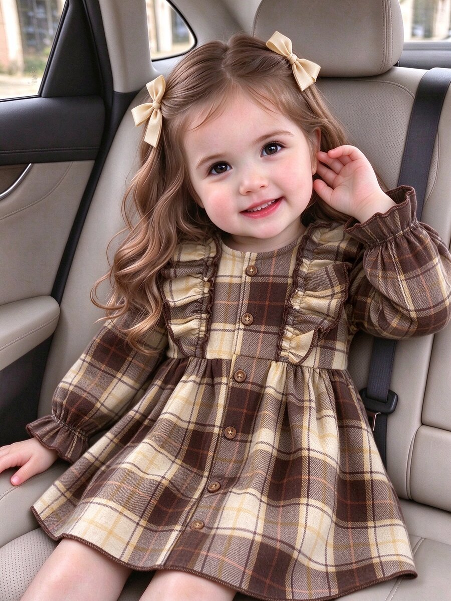 SHEIN Toddler Baby Girl Dress Cute Sweet Elegant Brown Yellow Cream Plaid Long Sleeve Round Neck Button Front Regular Fit Ruffle Flared Princess Cozy Girls - Brown - View 1