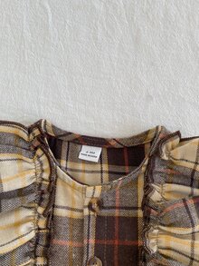 SHEIN Toddler Baby Girl Dress Cute Sweet Elegant Brown Yellow Cream Plaid Long Sleeve Round Neck Button Front Regular Fit Ruffle Flared Princess Cozy Girls - Brown - View 5