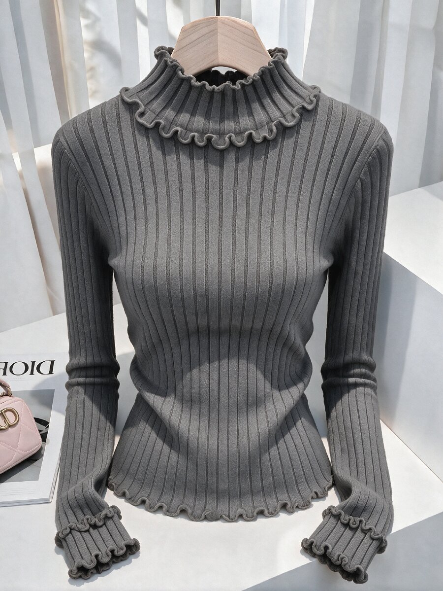Franclia Elegant Casual Minimalist Basic 3D Ribbed Frill Trim Long Sleeve Knit Base Layer Sweater Office Business School Dark Grey Fall - Grey - View 1