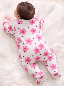 Newborn Home Jumpsuit Sweet Heart & Floral Print Footed Jumpsuit Round Neck Full Snap Front Baby Pajamas Long Sleeve Sleepsuit Spring Autumn - Multicolor - View 2