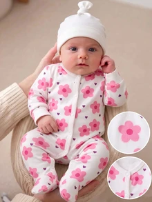 Newborn Home Jumpsuit Sweet Heart & Floral Print Footed Jumpsuit Round Neck Full Snap Front Baby Pajamas Long Sleeve Sleepsuit Spring Autumn - Multicolor - View 5