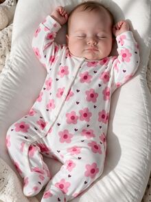 Newborn Home Jumpsuit Sweet Heart & Floral Print Footed Jumpsuit Round Neck Full Snap Front Baby Pajamas Long Sleeve Sleepsuit Spring Autumn - Multicolor - View 3