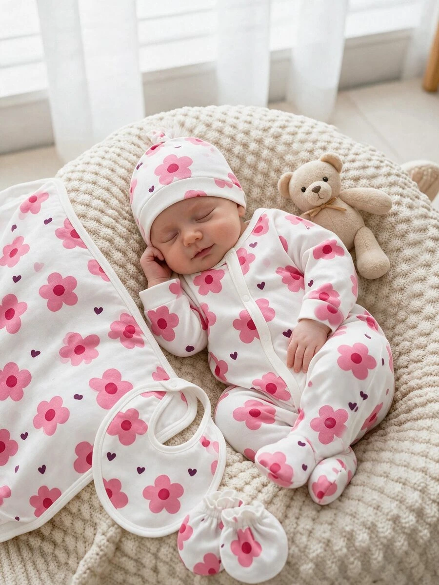 Newborn Home Jumpsuit Sweet Heart & Floral Print Footed Jumpsuit Round Neck Full Snap Front Baby Pajamas Long Sleeve Sleepsuit Spring Autumn - Multicolor - View 1