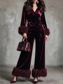 SHEIN طقم نسائي من قطعتين كاجوال للاستخدام اليومي، ملابس علوية بأكمام طويلة وبنطال من قماش مخملي بتصميم رقع - عنابي اللون - مشاهدة 1