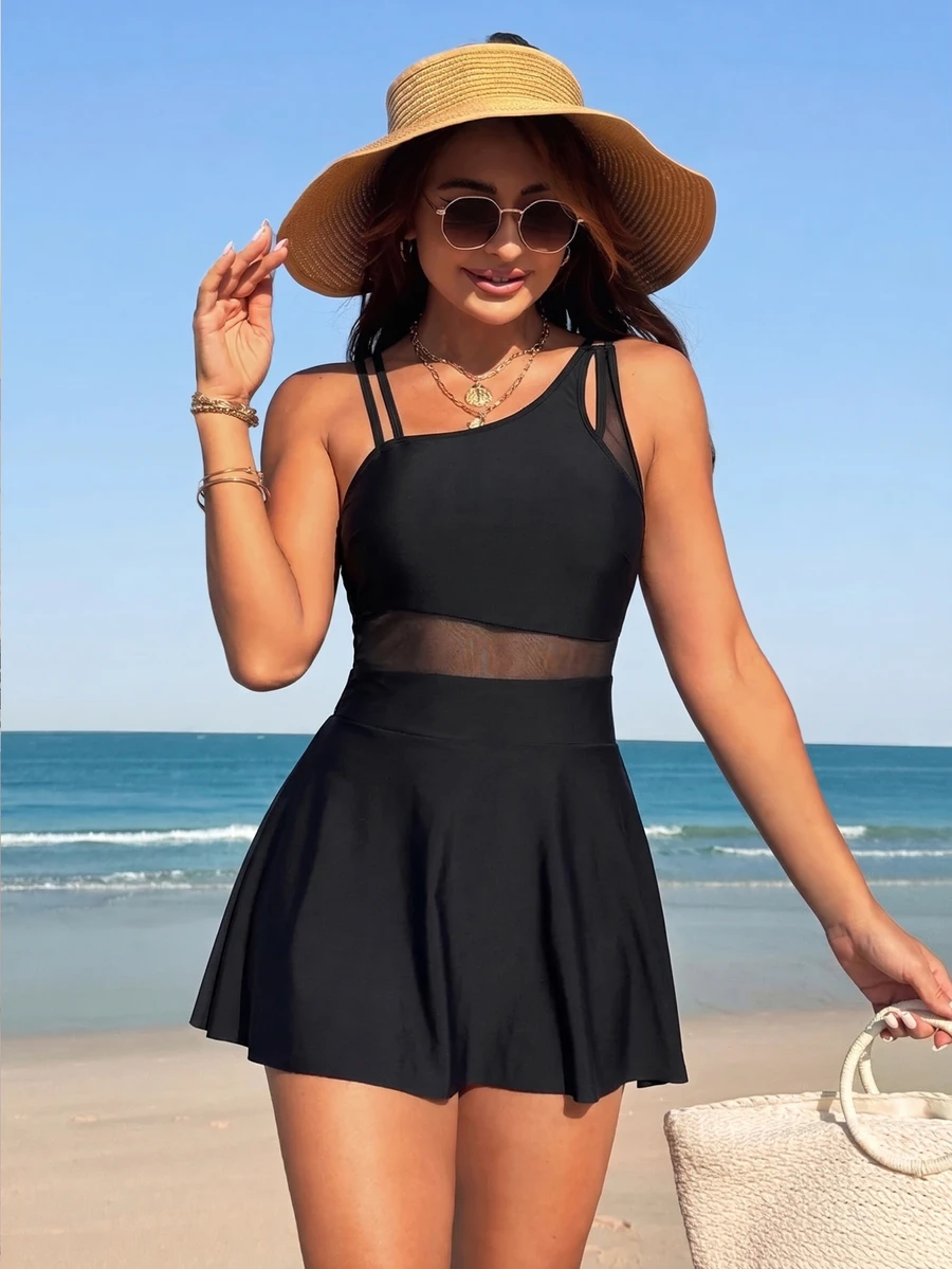 SHEIN Swim 女士简约连体泳衣,时尚网纱拼接设计,修身显瘦,春夏款 - 黑色 - 查看 1