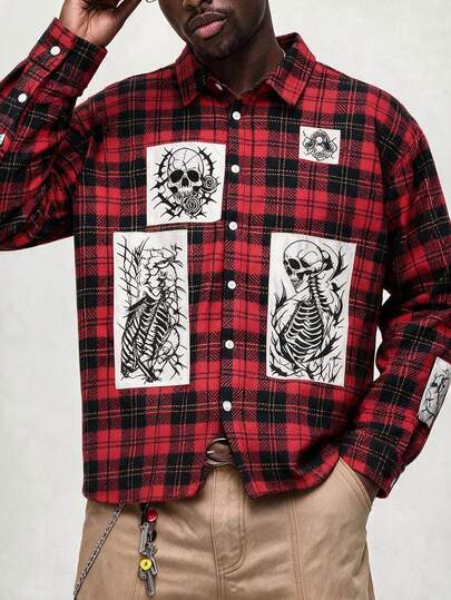 Prep Camisa de manga larga con estampado de calavera gótica, bordado y patchwork a cuadros, estilo casual de moda
