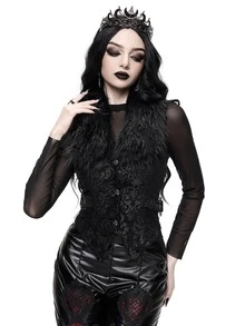 ROMWE Autumn/Winter Gothic Christmas Court Style Jacquard Fur Collar Shirt Vest - Black - View 10