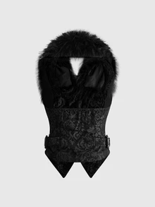 ROMWE Autumn/Winter Gothic Christmas Court Style Jacquard Fur Collar Shirt Vest - Black - View 7