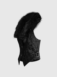 ROMWE Autumn/Winter Gothic Christmas Court Style Jacquard Fur Collar Shirt Vest - Black - View 6