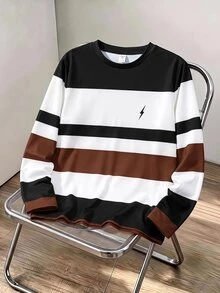 SHEIN 兒童青少年男孩休閒寬鬆百搭條紋圓領長袖T恤上衣，適合學校、日常休閒外出、運動，秋冬款 - 棕色 - 查看 5