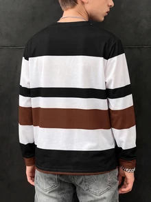 SHEIN 兒童青少年男孩休閒寬鬆百搭條紋圓領長袖T恤上衣，適合學校、日常休閒外出、運動，秋冬款 - 棕色 - 查看 2