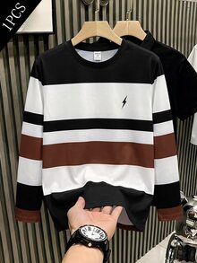SHEIN 兒童青少年男孩休閒寬鬆百搭條紋圓領長袖T恤上衣，適合學校、日常休閒外出、運動，秋冬款 - 棕色 - 查看 4