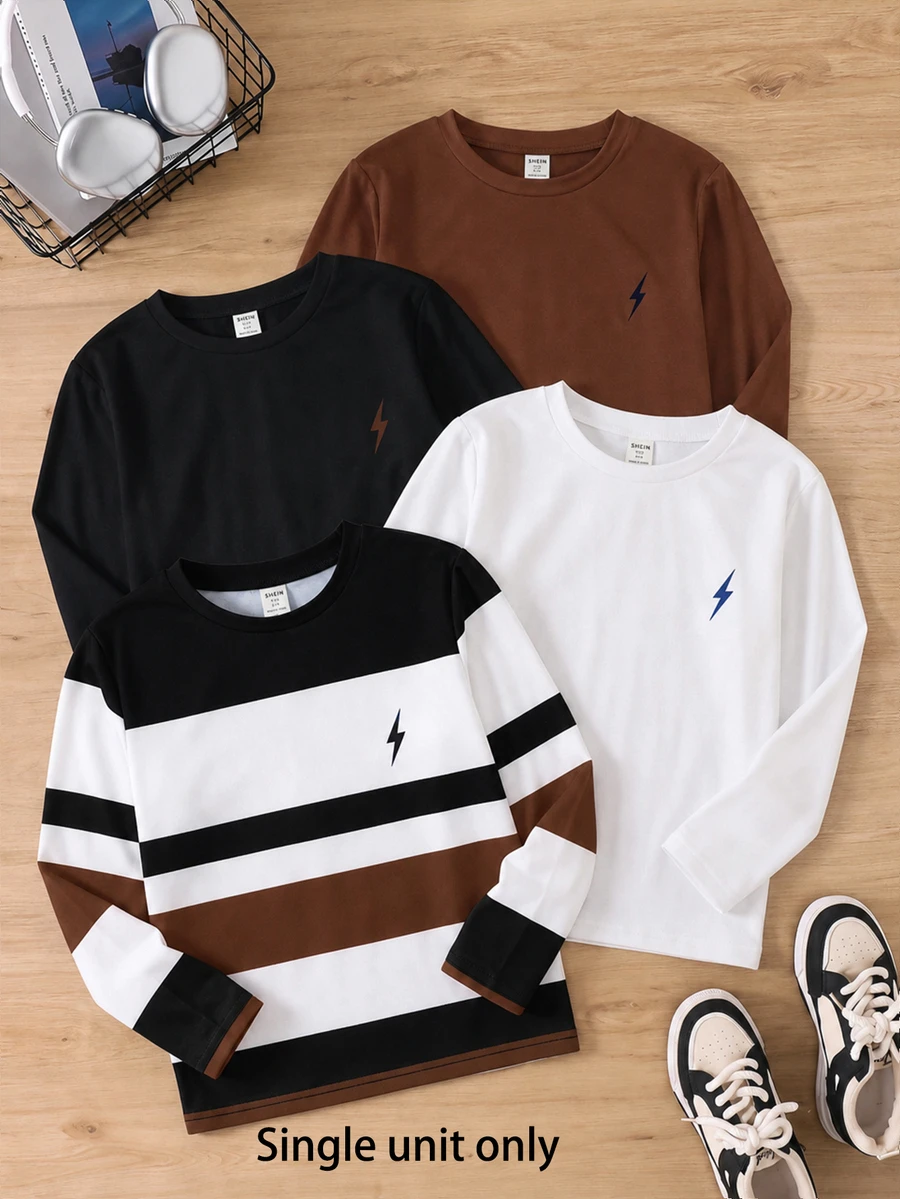 SHEIN 兒童青少年男孩休閒寬鬆百搭條紋圓領長袖T恤上衣,適合學校、日常休閒外出、運動,秋冬款 - 棕色 - 查看 1