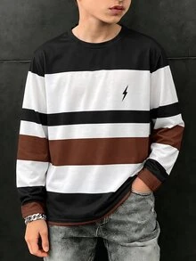 SHEIN 兒童青少年男孩休閒寬鬆百搭條紋圓領長袖T恤上衣，適合學校、日常休閒外出、運動，秋冬款 - 棕色 - 查看 3