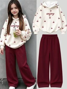 青少年女孩 2 件組奶油櫻桃字母印花長袖套頭連帽衛衣與寬腿褲套裝，舒適休閒，白色上衣，冬季穿搭 - 彩色 - 查看 1