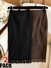 SHEIN LUNE Women's Casual Lace Patchwork Ribbed Fleece Skirt, Autumn ...