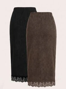 SHEIN LUNE 女款休閒蕾絲拼接羅紋抓絨裙，秋冬通勤日常基礎時尚穿搭，適合秋冬 - 彩色 - 查看 3
