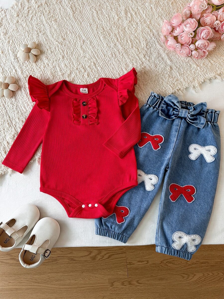 SHEIN 2pcs Baby Girl Romper + Jeans Cute Sweet Red Denim Blue Ruffle Bows Applique Long Flutter Sleeve Round Neck Regular Party Fall Photo Shoot Gift Ribbed - Red - View 1