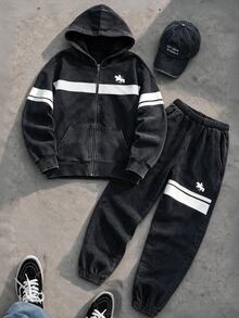 Autumn/Winter Teenager 2 Pieces Set, Washed Distressed Contrast Stripe Print Hooded Zip-Up Jacket With Pony Print And Long Pants, American Vintage Street Casual Outfit - Multicolor - View 4