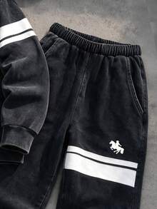 Autumn/Winter Teenager 2 Pieces Set, Washed Distressed Contrast Stripe Print Hooded Zip-Up Jacket With Pony Print And Long Pants, American Vintage Street Casual Outfit - Multicolor - View 6