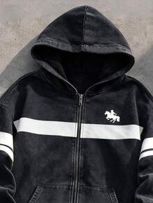 Autumn/Winter Teenager 2 Pieces Set, Washed Distressed Contrast Stripe Print Hooded Zip-Up Jacket With Pony Print And Long Pants, American Vintage Street Casual Outfit - Multicolor - View 5