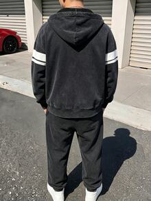 Autumn/Winter Teenager 2 Pieces Set, Washed Distressed Contrast Stripe Print Hooded Zip-Up Jacket With Pony Print And Long Pants, American Vintage Street Casual Outfit - Multicolor - View 2