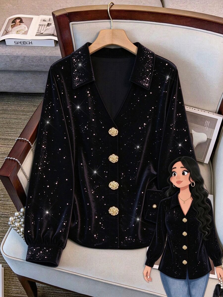 GlowEve CURVE Plus Size Women's V-Neck Long Sleeve Sequin Velvet Top, Black, Metal Decor Buttons, Fall Winter For Christmas, New Year & Formal Parties - Black - View 1