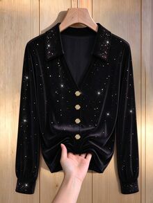 GlowEve CURVE Plus Size Women's V-Neck Long Sleeve Sequin Velvet Top, Black, Metal Decor Buttons, Fall Winter For Christmas, New Year & Formal Parties - Black - View 4