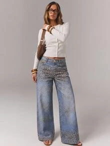SHEIN Tall بنطلون جينز نسائي بطبعة نمر وجيوب بأزرار بتصميم مثير - الأزرق - مشاهدة 4