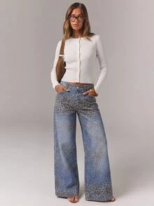 SHEIN Tall بنطلون جينز نسائي بطبعة نمر وجيوب بأزرار بتصميم مثير - الأزرق - مشاهدة 5