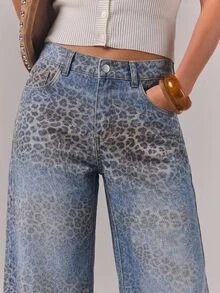 SHEIN Tall بنطلون جينز نسائي بطبعة نمر وجيوب بأزرار بتصميم مثير - الأزرق - مشاهدة 3