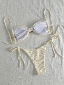 Swim Chiccia 女士海滩夏季服装 - 纹理纯色细肩带性感比基尼套装，配有贝壳和金属装饰 - 米色 - 查看 2