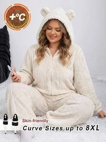 SHEIN CURVE+ Plus Size Fluffy Wheat Color Jacquard Comfortable Cute Animal Ear Decor Hooded Plus Size Pajamas Jumpsuit, Autumn/Winter - Beige - View 3
