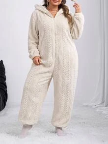 SHEIN CURVE+ Plus Size Fluffy Wheat Color Jacquard Comfortable Cute Animal Ear Decor Hooded Plus Size Pajamas Jumpsuit, Autumn/Winter - Beige - View 5