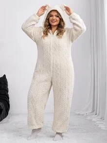 SHEIN CURVE+ Plus Size Fluffy Wheat Color Jacquard Comfortable Cute Animal Ear Decor Hooded Plus Size Pajamas Jumpsuit, Autumn/Winter - Beige - View 1