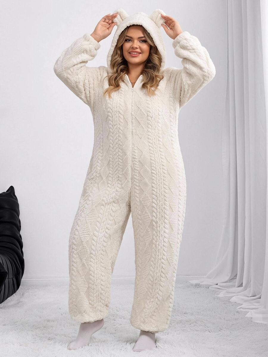 SHEIN CURVE+ Plus Size Fluffy Wheat Color Jacquard Comfortable Cute Animal Ear Decor Hooded Plus Size Pajamas Jumpsuit, Autumn/Winter - Beige - View 1