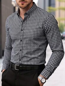 Manfinity Bizformal 秋季男士鈕扣領格紋長袖襯衫，黑色格紋輕量梭織，適合辦公工作、休閒、正式、老錢風 - 黑色 - 查看 4